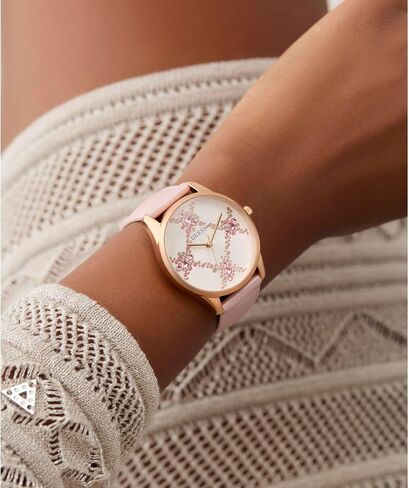 Guess Women's 36mm Watch - Pink Leather Strap White Dial Rose Gold Tone Case in Saudi Arabia
