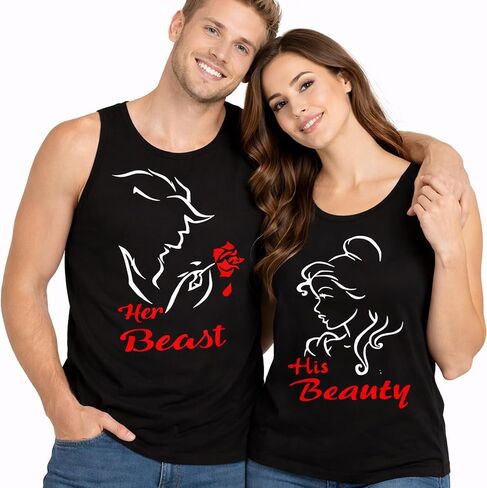 CRAZYDAISYWORLD Beauty Beast Matching Couple Tank Tops His and Her Romantic Graphic Shirts for Couples Gift Anniversary Outfit Size Men L Women XL in Saudi Arabia