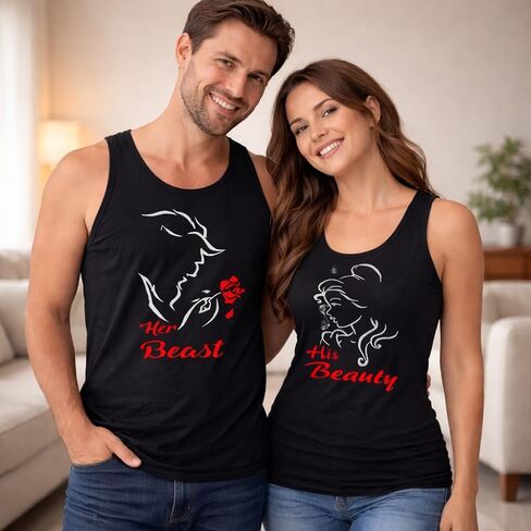 CRAZYDAISYWORLD Beauty Beast Matching Couple Tank Tops His and Her Romantic Graphic Shirts for Couples Gift Anniversary Outfit Size Men L Women XL in Saudi Arabia