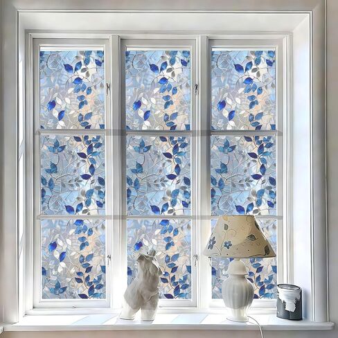 Large Frosted Window Film 17.5x78.7in Privacy Glass Door Cover Blue Leaf Decorative Static Cling Film in Saudi Arabia