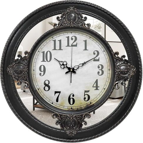 Vintage Decorative Wall Clock with Mirror Frame, 25 Inch Large European Style Silent Non-Ticking Wall Clock, Classic Embossed Design Decor for Living Room, Bedroom, Entryway (Champagne Silver) in Saudi Arabia