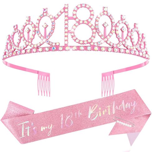 Aprince 17th Pink Birthday Decorations for Girls Birthday Sash and Tiara Crown 17 Year Old Gifts Happy 17 Headband Party Favors Supplies in Saudi Arabia