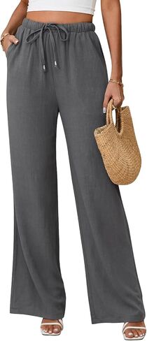 Linen Pants for Women Flowy Palazzo Pants Boho High Waist Wide Leg Trousers Tall Slim Summer Beach Vacation Outfit 2026 Grey in Saudi Arabia