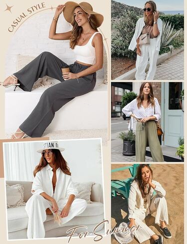 Linen Pants for Women Flowy Palazzo Pants Boho High Waist Wide Leg Trousers Tall Slim Summer Beach Vacation Outfit 2026 Grey in Saudi Arabia