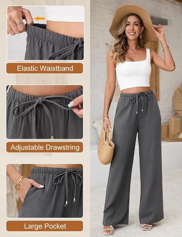 Linen Pants for Women Flowy Palazzo Pants Boho High Waist Wide Leg Trousers Tall Slim Summer Beach Vacation Outfit 2026 Grey in Saudi Arabia