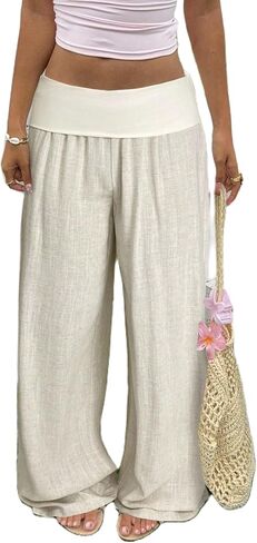 Women Palazzo Pants Summer Boho Wide Leg Baggy Foldover Casual Lounge Pant Dressy Beach Travel Vacation Outfits in Saudi Arabia
