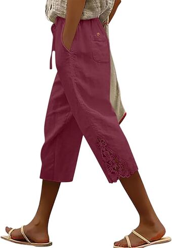 Womens Linen Capri Pants with Lace Trim Drawstring Elastic Trousers Lightweight Casual Summer Pants with Pockets in Kuwait