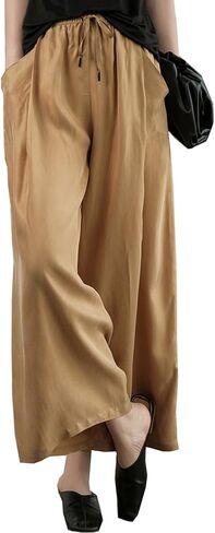 Women's Silky Palazzo Pants Cropped Casual Dressy Wide Leg High Waist Palazzo Pant Loose Trouser in Kuwait