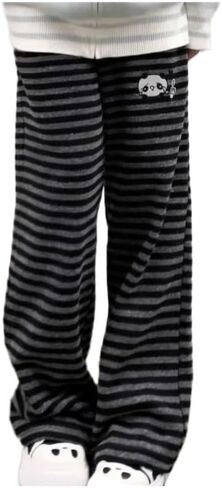 Womens Y2K Kawaii Black Gray Striped Cartoon Bear Print Wide Leg Pants Casual Cute Loose Fit Trousers in Saudi Arabia