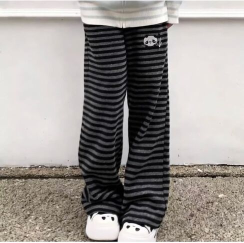 Womens Y2K Kawaii Black Gray Striped Cartoon Bear Print Wide Leg Pants Casual Cute Loose Fit Trousers in Saudi Arabia
