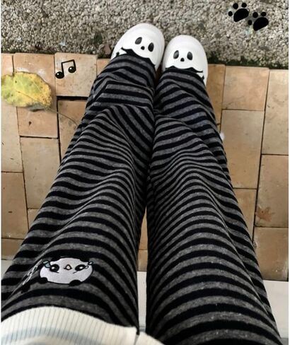 Womens Y2K Kawaii Black Gray Striped Cartoon Bear Print Wide Leg Pants Casual Cute Loose Fit Trousers in Saudi Arabia