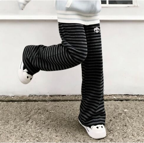 Womens Y2K Kawaii Black Gray Striped Cartoon Bear Print Wide Leg Pants Casual Cute Loose Fit Trousers in Saudi Arabia