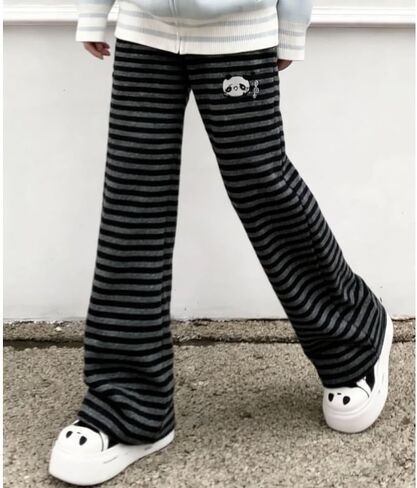 Womens Y2K Kawaii Black Gray Striped Cartoon Bear Print Wide Leg Pants Casual Cute Loose Fit Trousers in Saudi Arabia