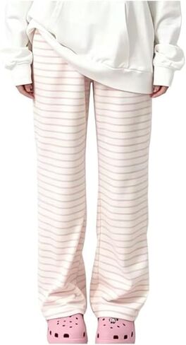 Womens Y2K Kawaii Black Gray Striped Cartoon Bear Print Wide Leg Pants Casual Cute Loose Fit Trousers in Saudi Arabia