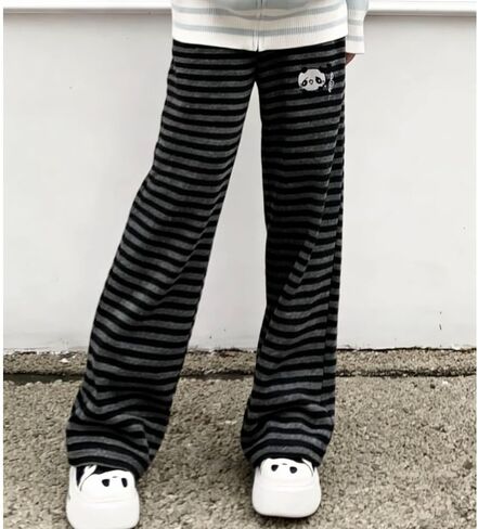 Womens Y2K Kawaii Black Gray Striped Cartoon Bear Print Wide Leg Pants Casual Cute Loose Fit Trousers in Saudi Arabia