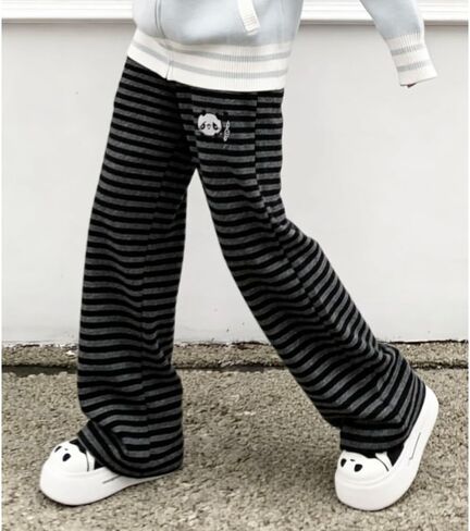 Womens Y2K Kawaii Black Gray Striped Cartoon Bear Print Wide Leg Pants Casual Cute Loose Fit Trousers in Saudi Arabia