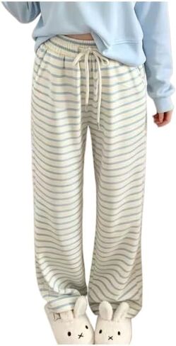 Womens Y2K Kawaii Black Gray Striped Cartoon Bear Print Wide Leg Pants Casual Cute Loose Fit Trousers in Saudi Arabia