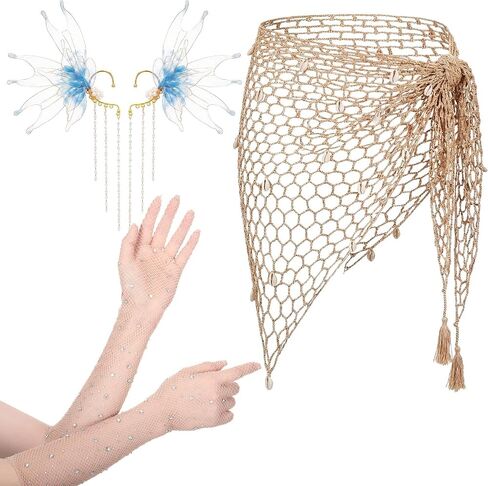 Tondiamo 3 Pcs Mermaid Costume for Women Mermaid Beach Crochet Skirt Cover up Fishnet Skirt Fairy Elf Ear Cuffs Rhinestone Fishnet Long Gloves for Adult Women Cosplay Party Accessories Halloween in Saudi Arabia