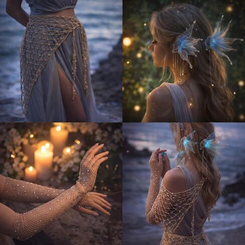 Tondiamo 3 Pcs Mermaid Costume for Women Mermaid Beach Crochet Skirt Cover up Fishnet Skirt Fairy Elf Ear Cuffs Rhinestone Fishnet Long Gloves for Adult Women Cosplay Party Accessories Halloween in Saudi Arabia
