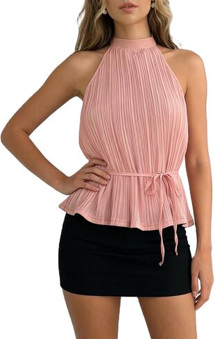 Mylleure Pleated Halter Top for Women Sexy Open Back Tie Mock Neck Sleeveless Peplum Tank Top Dressy Shirt with Matching Belt in Saudi Arabia