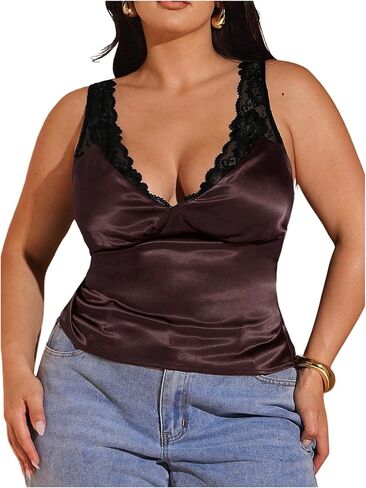 OYOANGLE Women's Plus Size V Neck Satin Tank Top Lace Trim Ruched Sleeveless Date Night Tops in Kuwait