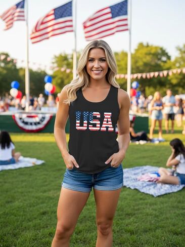 Women's USA Tank Top Shirt 4th of July American Flag T-Shirt Patriotic Racerback Sleeveless Vest Tee Tops in Saudi Arabia