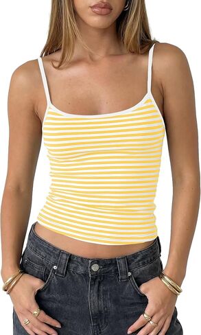 Cioatin Women Cute Striped Crop Cami Tops Sleeveless Spaghetti Straps Fitted Scoop Neck Tank Y2K Aesthetic Summer Going Out in Saudi Arabia