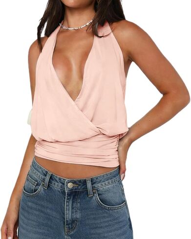 Women Halter Y2K Crop Top Sleeveless Cowl Neck Open Back Coquette Solid Color Slim Fit Going Out Tank Top Streetwear in Saudi Arabia