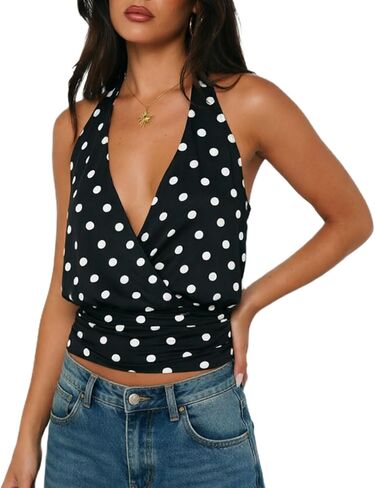 Women Halter Y2K Crop Top Sleeveless Cowl Neck Open Back Coquette Solid Color Slim Fit Going Out Tank Top Streetwear in Saudi Arabia