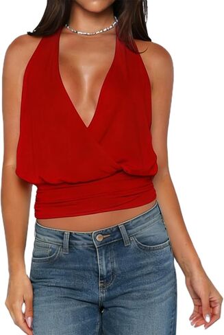Women Halter Y2K Crop Top Sleeveless Cowl Neck Open Back Coquette Solid Color Slim Fit Going Out Tank Top Streetwear in Saudi Arabia