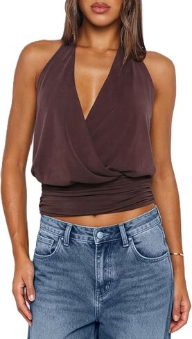 Women Halter Y2K Crop Top Sleeveless Cowl Neck Open Back Coquette Solid Color Slim Fit Going Out Tank Top Streetwear in Saudi Arabia