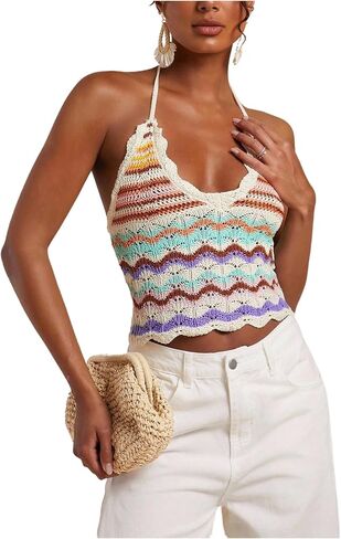 SOLY HUX Women's Colorblock Striped Crochet Knit Halter Tops Scallop Trim Tie Backless Sleeveless Beach Summer Top in Kuwait