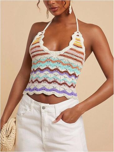 SOLY HUX Women's Colorblock Striped Crochet Knit Halter Tops Scallop Trim Tie Backless Sleeveless Beach Summer Top in Kuwait