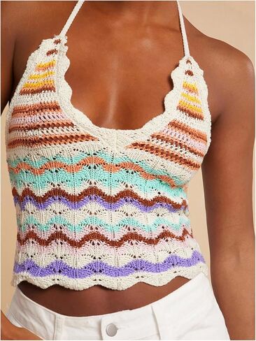 SOLY HUX Women's Colorblock Striped Crochet Knit Halter Tops Scallop Trim Tie Backless Sleeveless Beach Summer Top in Kuwait
