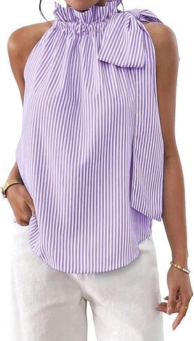 Women's Striped Halter Tie Knot Neck Tank Top Sleeveless Ruffle Elegant Blouse Business T-Shirt in Kuwait