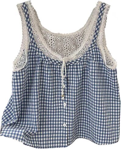 SweatyRocks Women's Boho Eyelet Lace Gingham Plaid Button Tank Blouse Crop Tops in Kuwait
