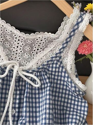 SweatyRocks Women's Boho Eyelet Lace Gingham Plaid Button Tank Blouse Crop Tops in Kuwait