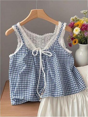 SweatyRocks Women's Boho Eyelet Lace Gingham Plaid Button Tank Blouse Crop Tops in Kuwait