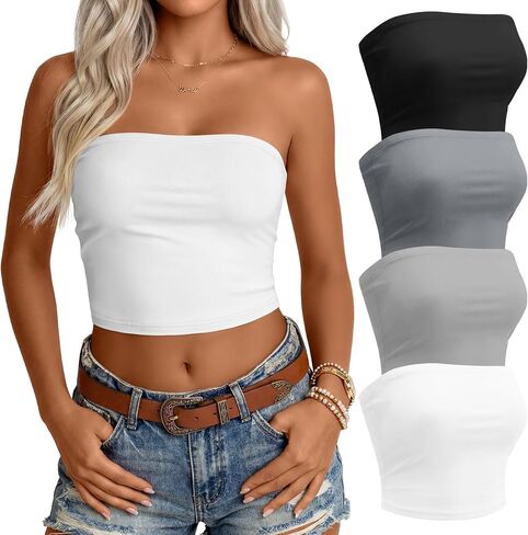 4 Pack Womens Tube Tops Strapless Bandeau Crop Tops Basic Backless Sleeveless Clothes Summer Going Out Outfits in Saudi Arabia