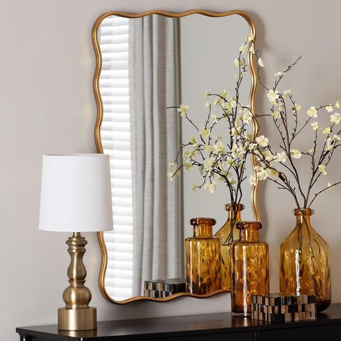 Baxton Studio Cassara Gold Scalloped Rectangular Wall Mirror - Stylish Curved Edge Decorative Accent for Living Room, Bedroom, or Entryway in Saudi Arabia