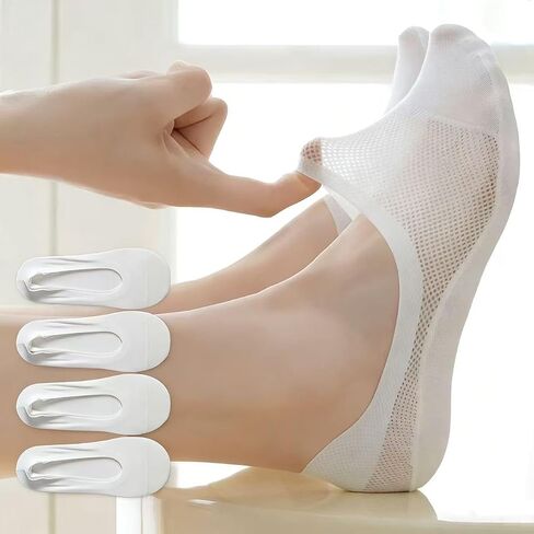 4 Pairs Women's No Show Ultra Low Cut Liner Socks - Ice Feeling, Non-Slip, Invisible, Thin, Shallow Mouth Invisible Boat Socks Breathable in Kuwait