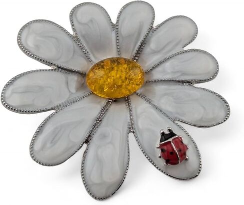 Ladybug & White Daisy Flower Brooch enamel silvertone pin w/lady bird insect, faux amber center in Kuwait