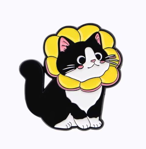 Cute Black and White Cat Enamel Pin with Yellow Flower Design, Metal Brooch Badge, 1.5x1.25 Inch in Saudi Arabia
