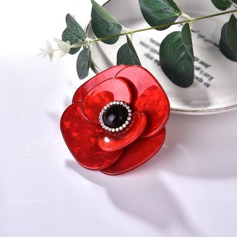 7cm Elegant Poppy Flower Brooch Pin for Women Men Unisex Red Acrylic Crystal Big Floral Corsage Brooches Lapel Pins Dainty Dress Accessories Wedding Memory Day Jewelry Gift Souvenir in Kuwait