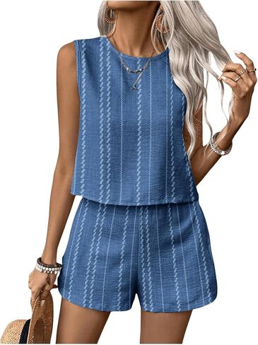 MakeMeChic Women's 2 Piece Outfits Striped Crew Neck Tank Top and Wide Leg Shorts Set in Saudi Arabia