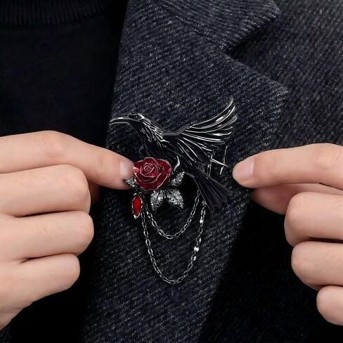 Gothic Raven Red Rose Brooch Punk Black Enamel Crow Pin with Chain Dark Fantasy Lapel Pin for Jackets Coats Scarves Backpack Decorative Accessories in Kuwait