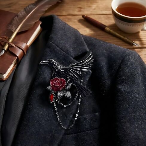 Gothic Raven Red Rose Brooch Punk Black Enamel Crow Pin with Chain Dark Fantasy Lapel Pin for Jackets Coats Scarves Backpack Decorative Accessories in Kuwait