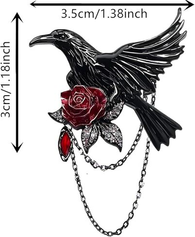 Gothic Raven Red Rose Brooch Punk Black Enamel Crow Pin with Chain Dark Fantasy Lapel Pin for Jackets Coats Scarves Backpack Decorative Accessories in Kuwait