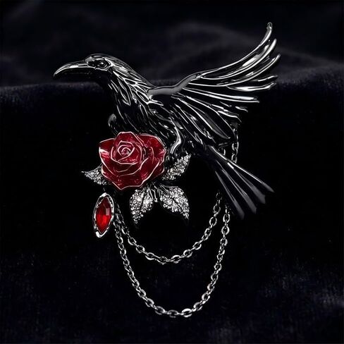 Gothic Raven Red Rose Brooch Punk Black Enamel Crow Pin with Chain Dark Fantasy Lapel Pin for Jackets Coats Scarves Backpack Decorative Accessories in Kuwait