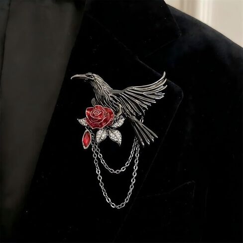 Gothic Raven Red Rose Brooch Punk Black Enamel Crow Pin with Chain Dark Fantasy Lapel Pin for Jackets Coats Scarves Backpack Decorative Accessories in Kuwait